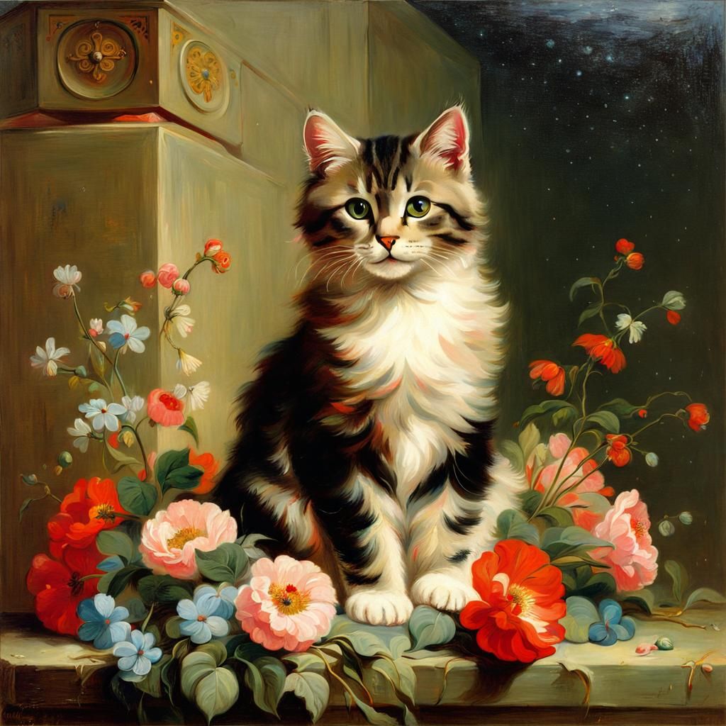 Cat with Flowers in Academic Art Style