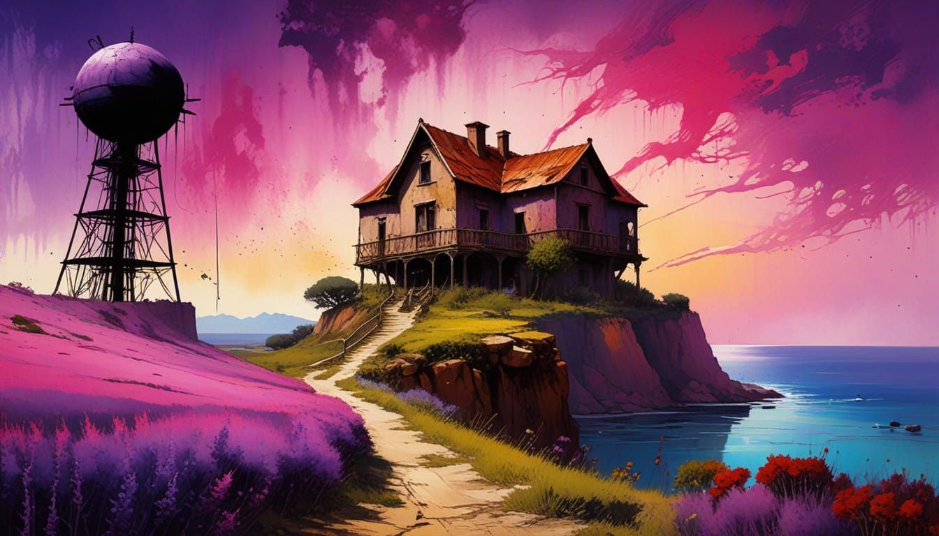 Surreal Mediterranean Oasis with Lavender and Wisteria