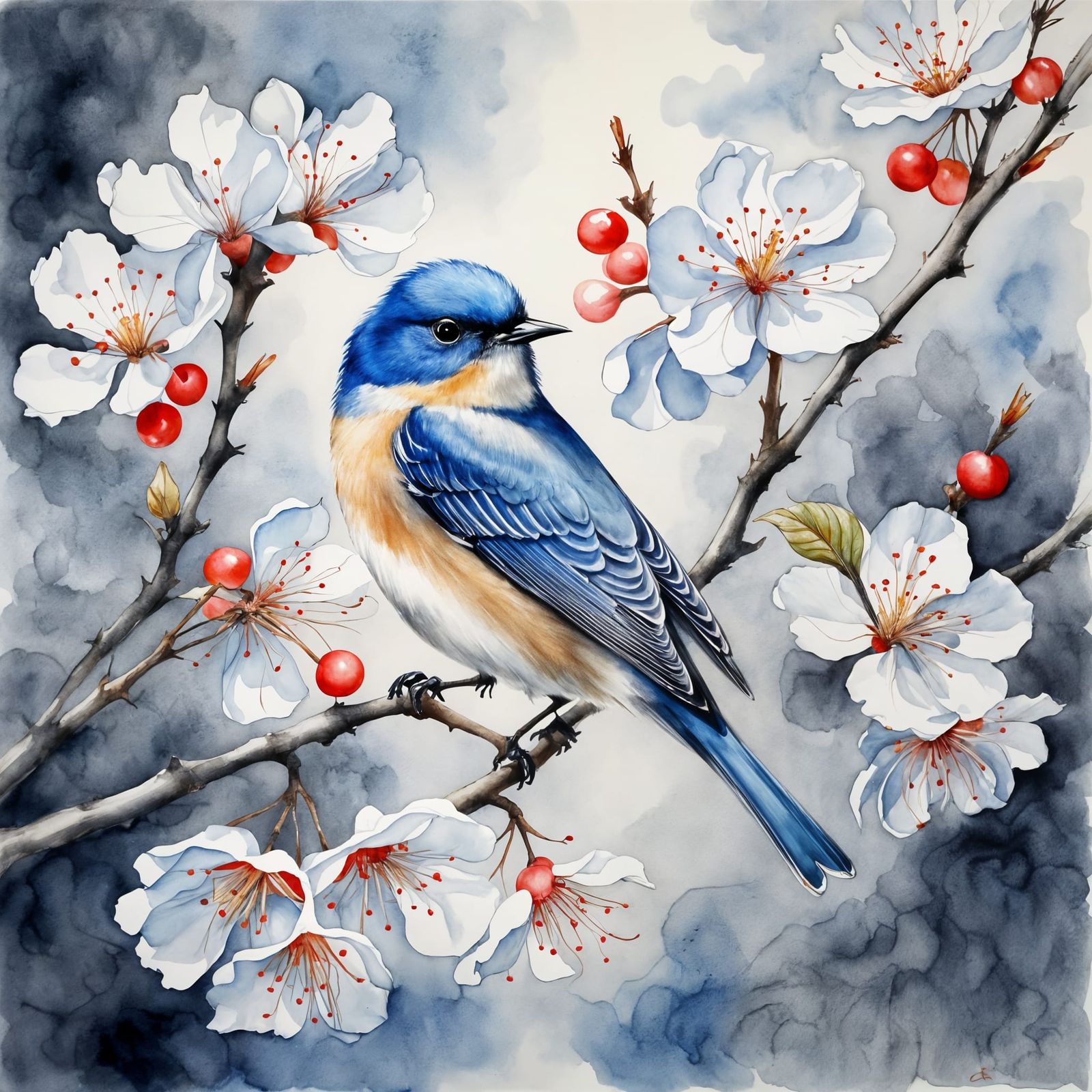 Watercolor Bluebird in Cherry Blossom Branch