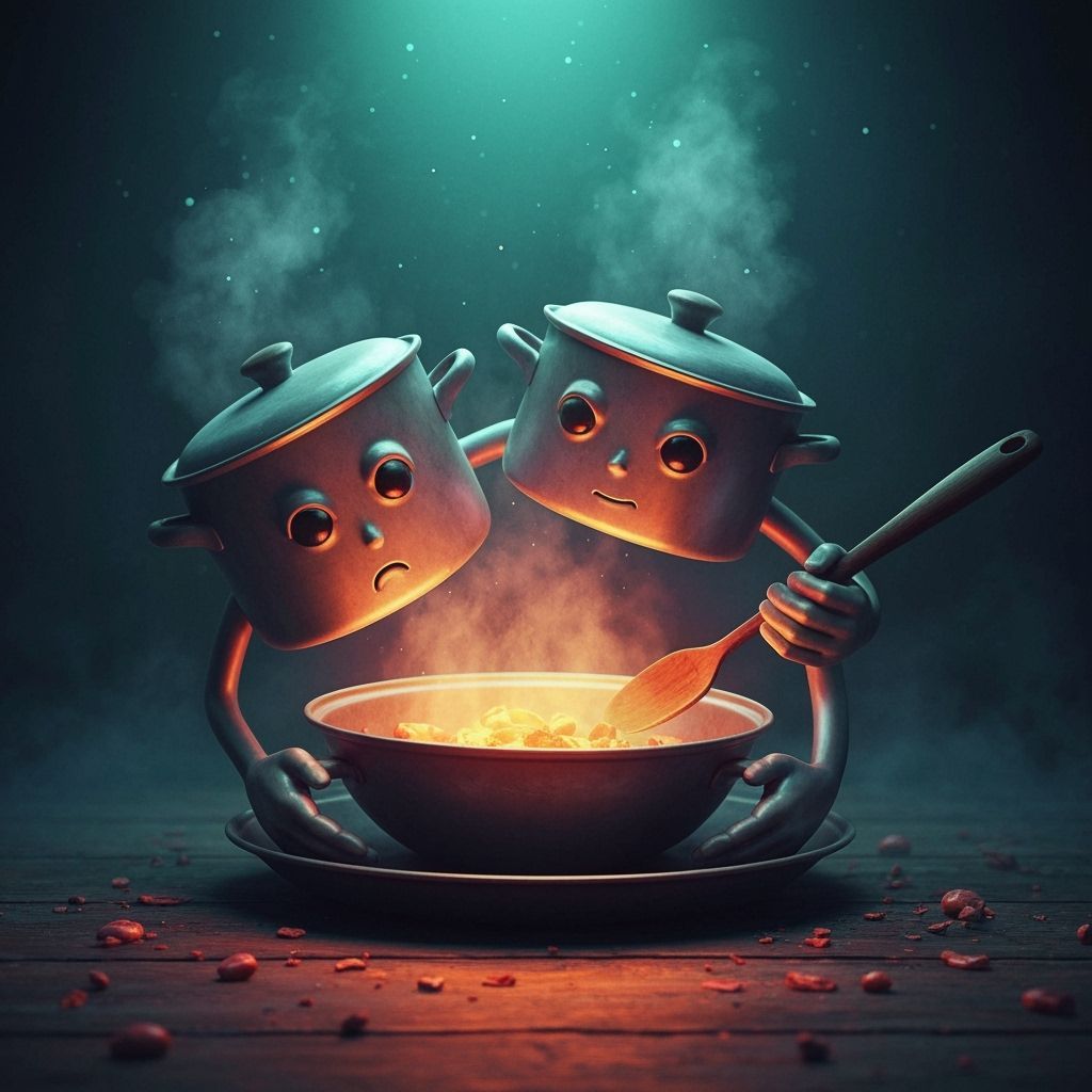 Enchanted Cooking Pots Self-Cooking in Moody Fantasy Style