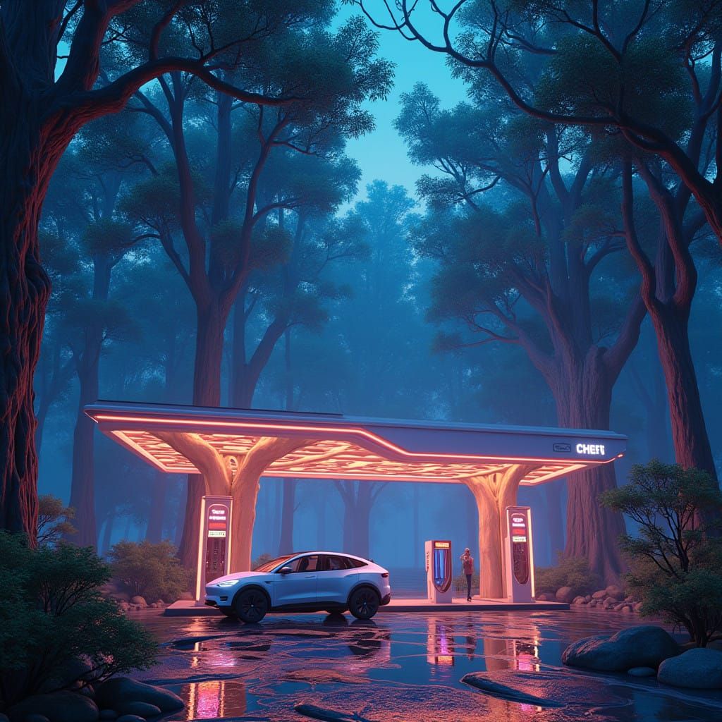 Futuristic Electric Vehicle Charging Station in a Neon-Lit F...