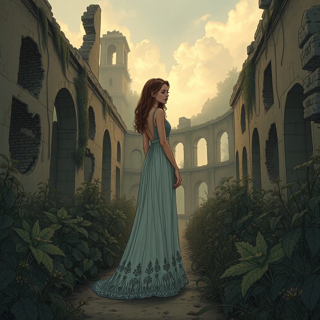 Woman Contemplates Ruins in Dreamy Ethereal Style