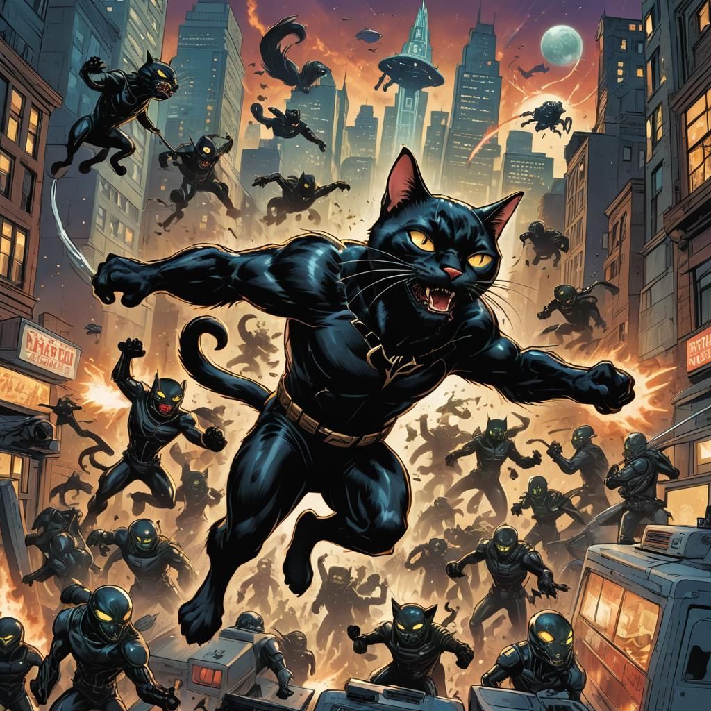 Black Cat Superhero Fighting Aliens: Comic Book Art
