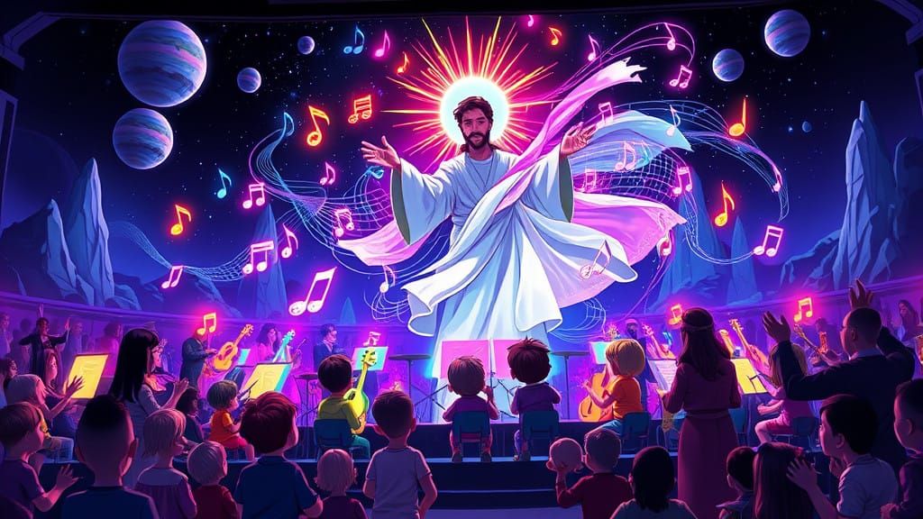 Spectacular Jesus-Led Children's Orchestra in Vibrant Cartoo...