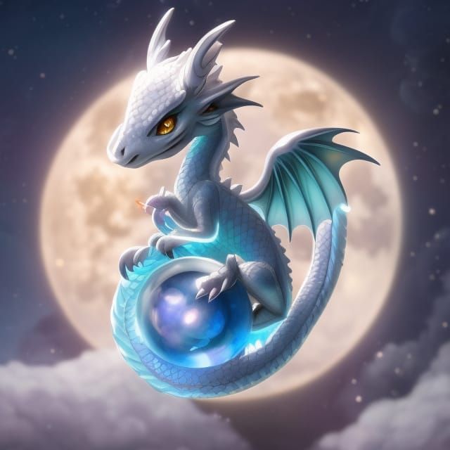 Chibi Moonstone Dragon with Gemstone: Digital Illustration