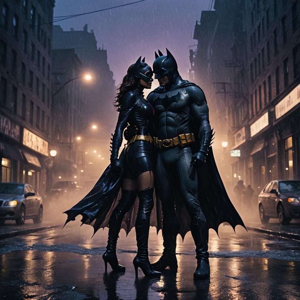 Batman and Catwoman Embracing Amidst Gotham City's Noir Shad...