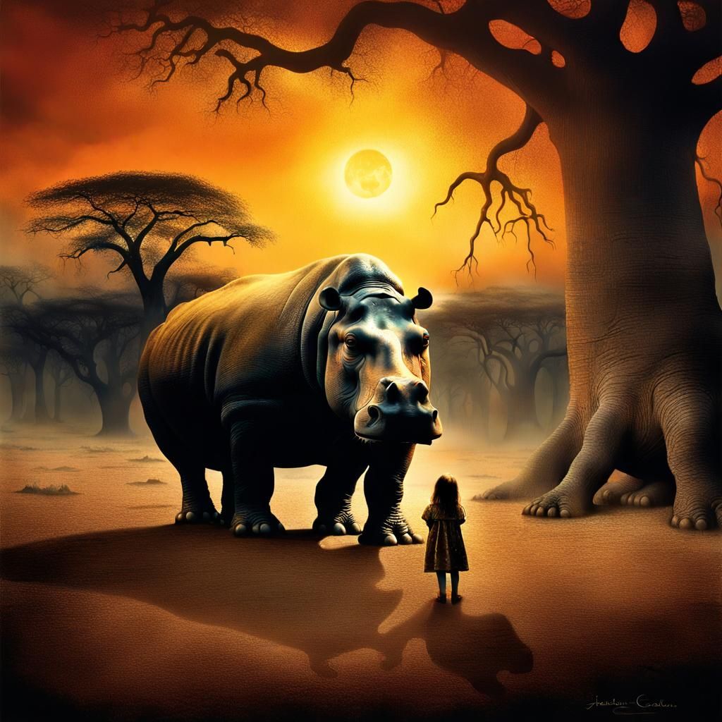African Sunset: Girl and Hippos in Surreal Landscape