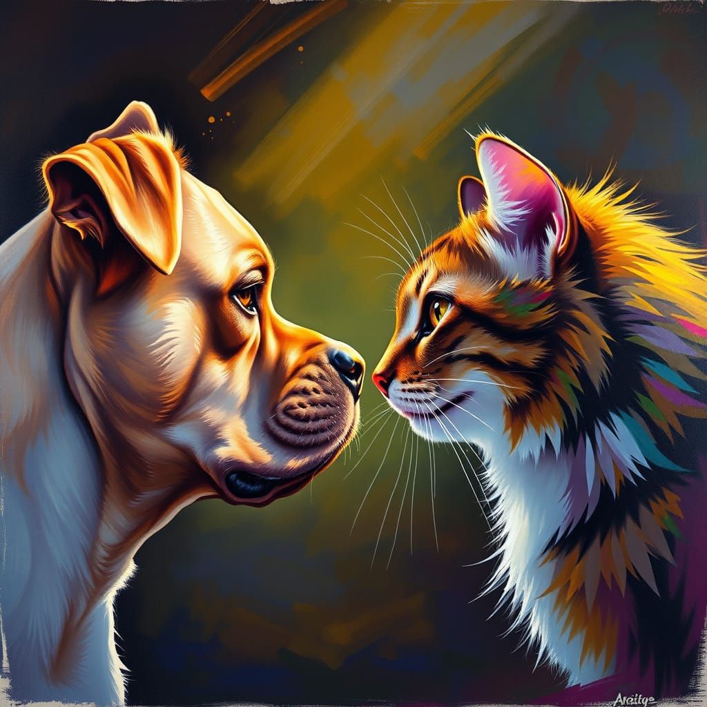 Dog and Cat Face Off with Dramatic Lighting