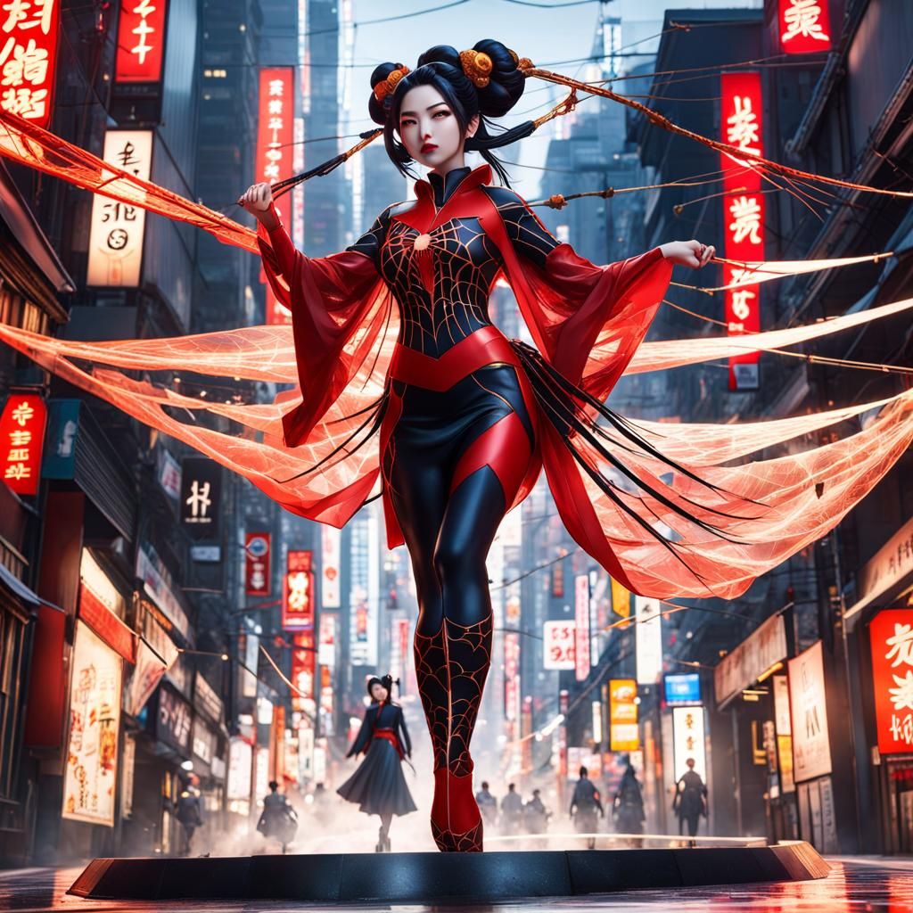 Spider-Woman Geisha Soaring Through Tokyo: 3D Anime Art