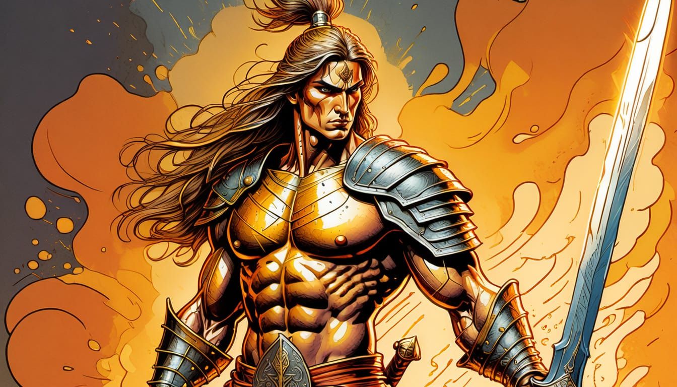 Warrior with Sword in Colored Wax Pencil Style