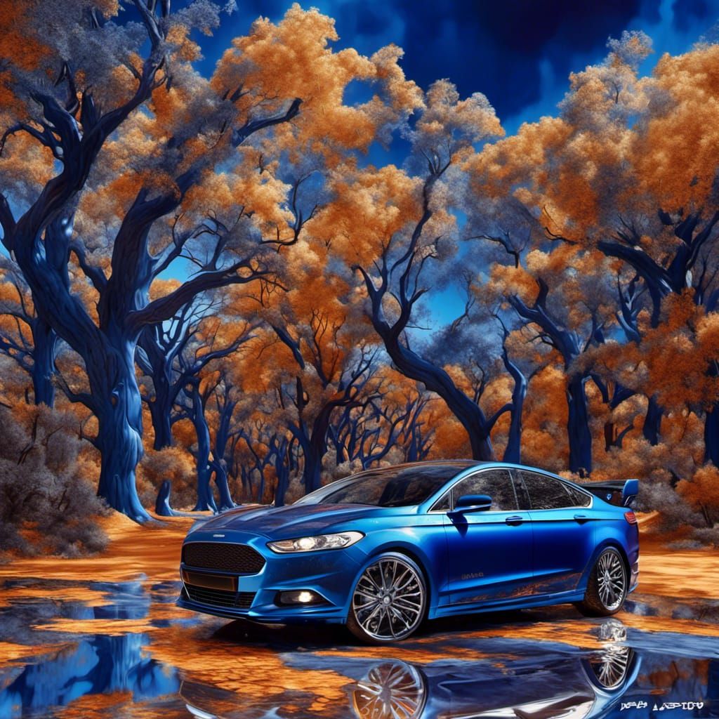 <lora:Fantasy:1.0> <lora:Dreamshaper:1.0> a dark blue iridescent Ford BA , on the Park in Rockingham, airbrush painting,...