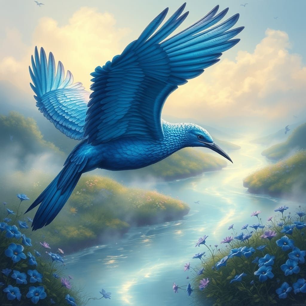 Majestic Blue Bird Flying Over Luminous River