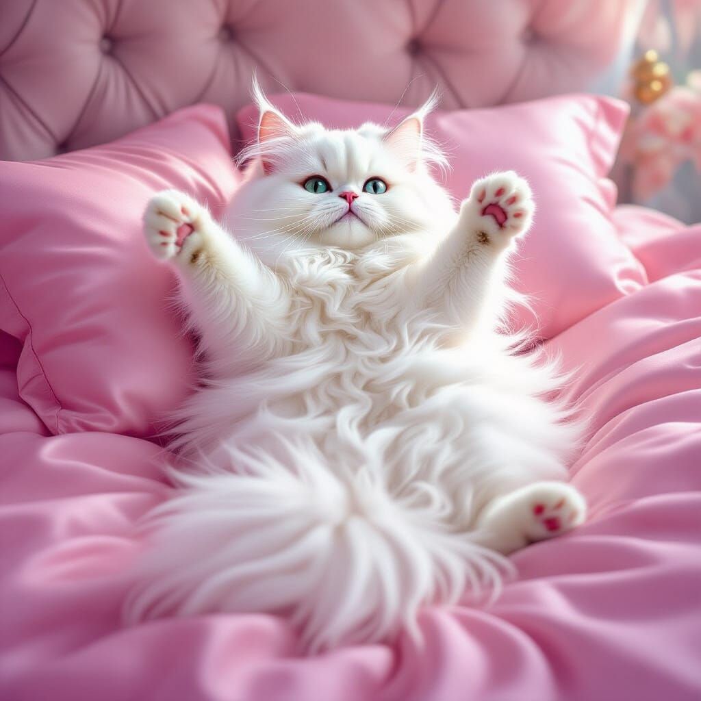 Fluffy White Persian Cat Sprawled on Pink Satin Bed