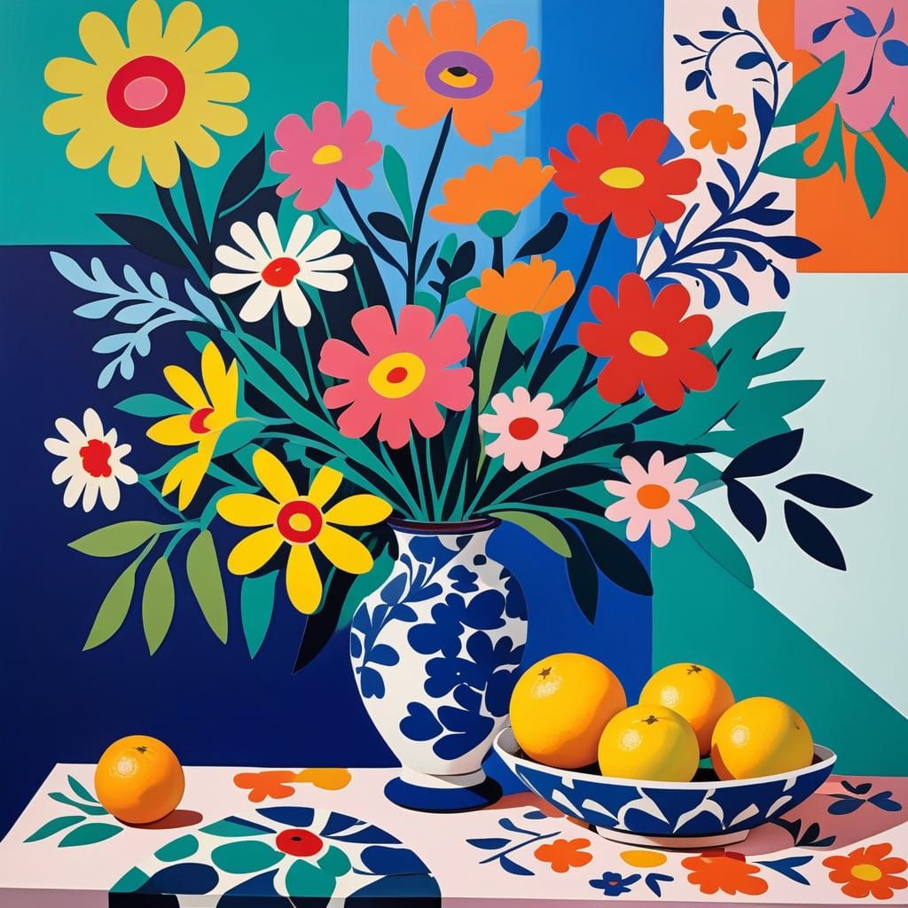 Expressive Flower Still Life in Matisse Cut-Out Style
