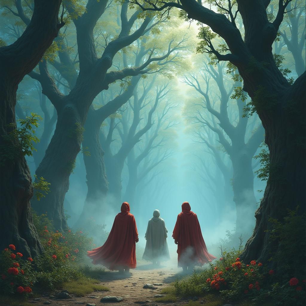 Whirlwind of Robed Figures in Dreamlike Fantasy Art