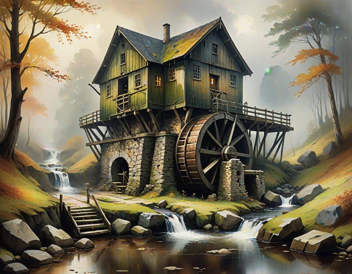Weathered Water Mill in Muted Fog