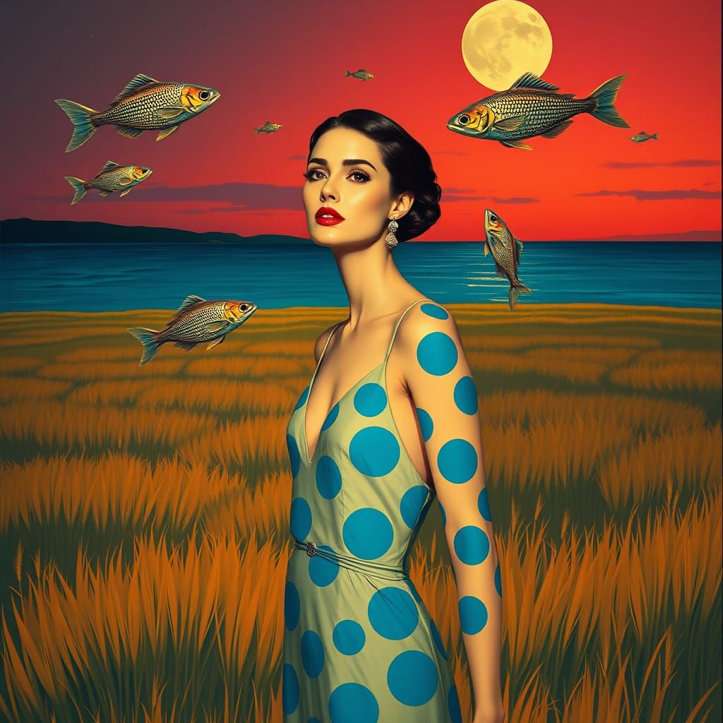 Serene Nighttime Scene with Cyberpunk Woman and Metallic Fis...