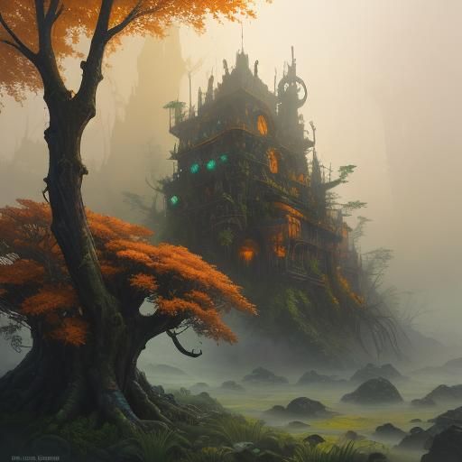 Gourds in Misty Autumn Forest: Fantasy Concept Art