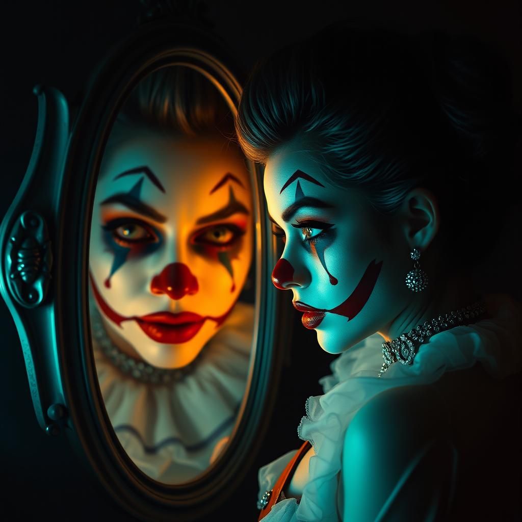 Clown Makeup Mirror Reflection in Cinematic Style