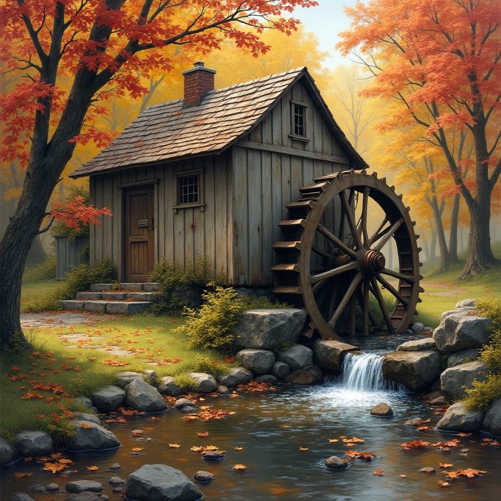 Weathered Brown Shed Beside a Majestic Waterwheel in a Vibra...