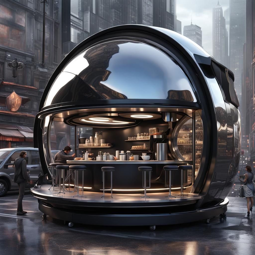 Futuristic Mobile Coffee Shop on Busy Street