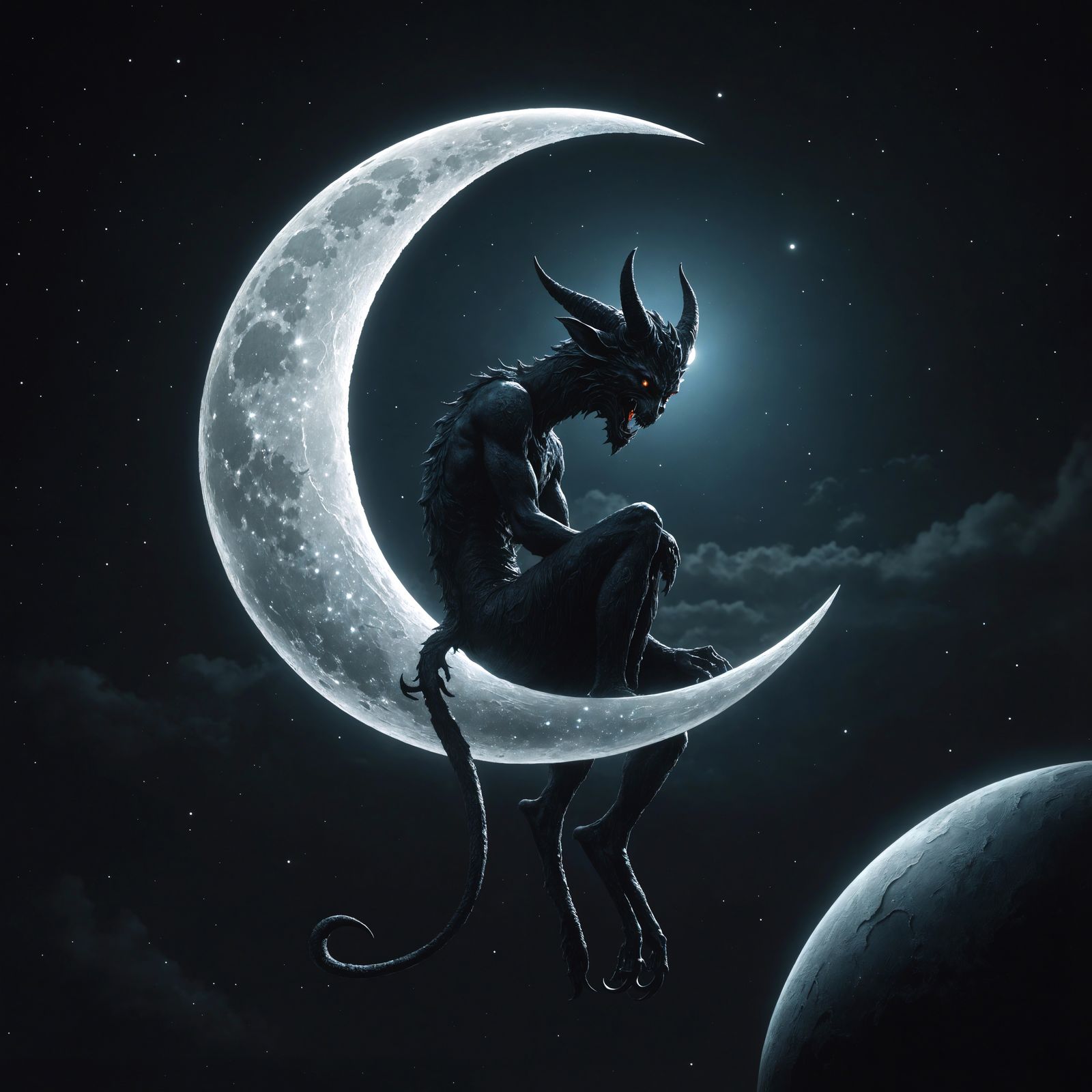 Demon on Crescent Moon Watching Earth