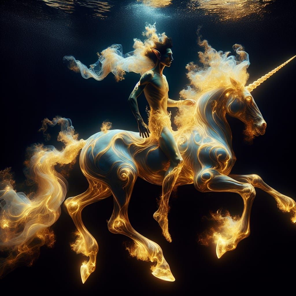 Luminous Elf Rides Unicorn in Underwater Scene