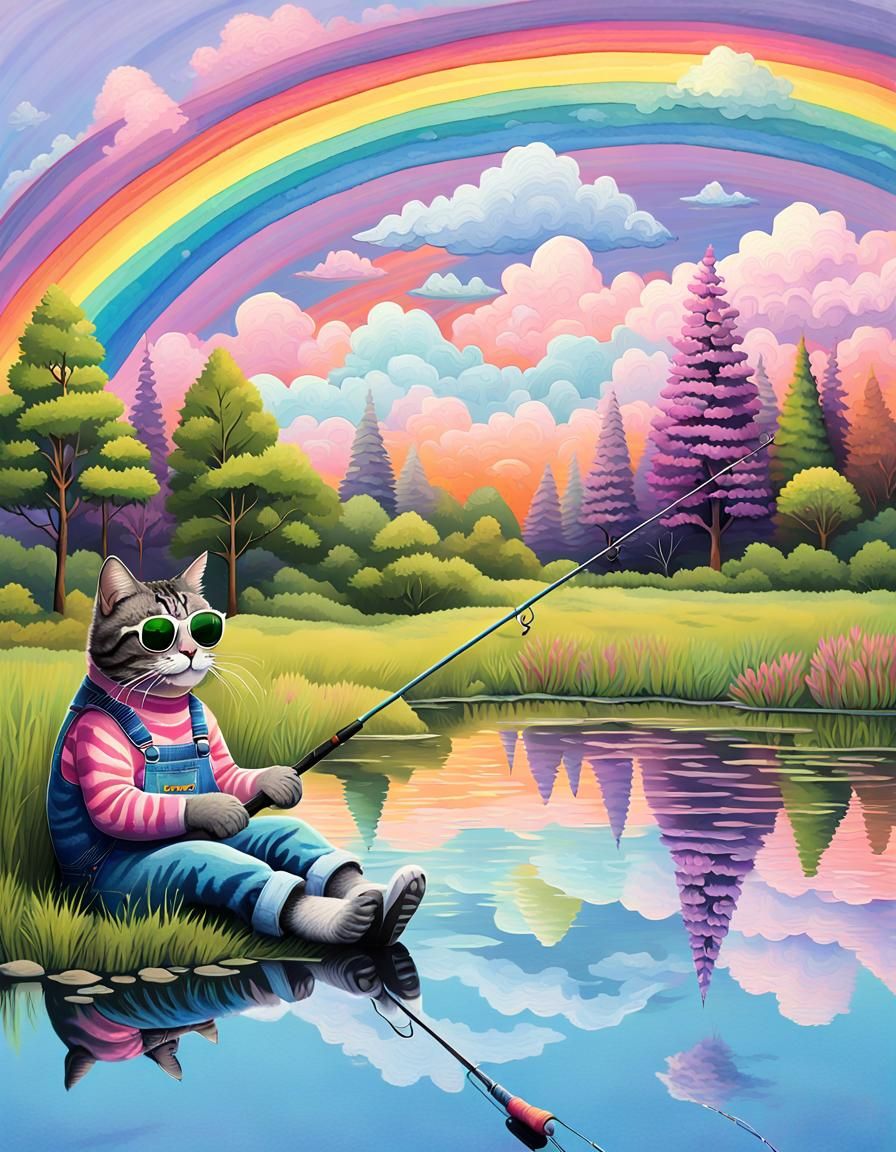 Psychedelic Tabby Cat Fishing in Rainbow Pond