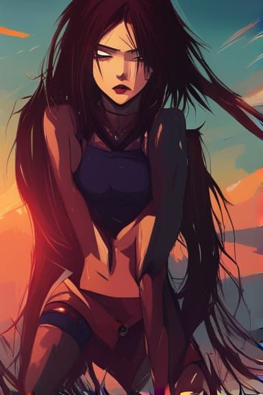 Angry Anime Girl at Sunset Beach