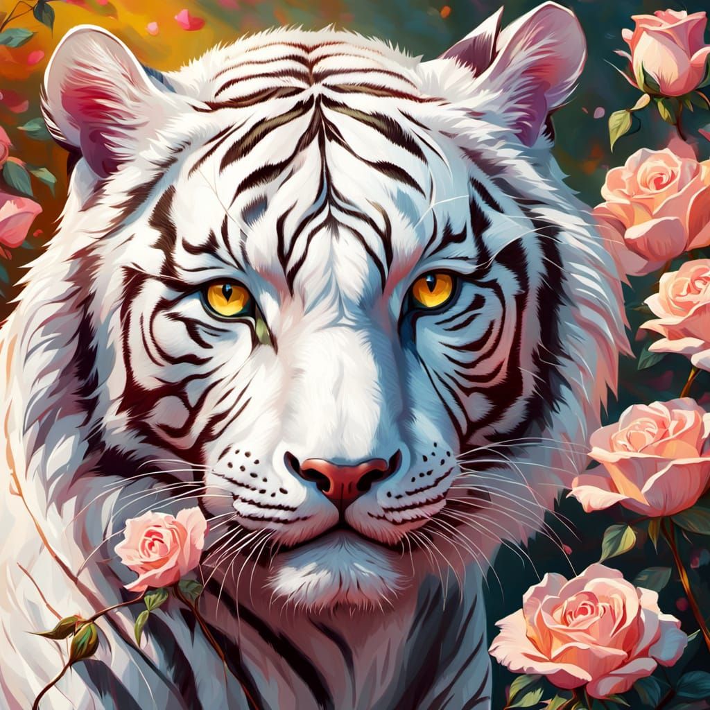 White Tiger in Rose Mountain: Vibrant Oil Painting