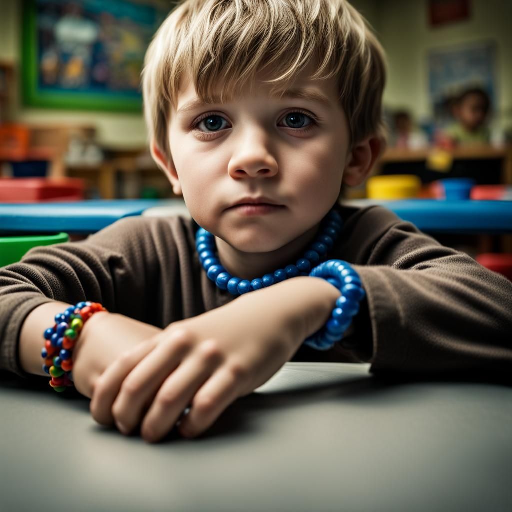 Boy with Bracelet: Hyperrealistic Daycare Scene