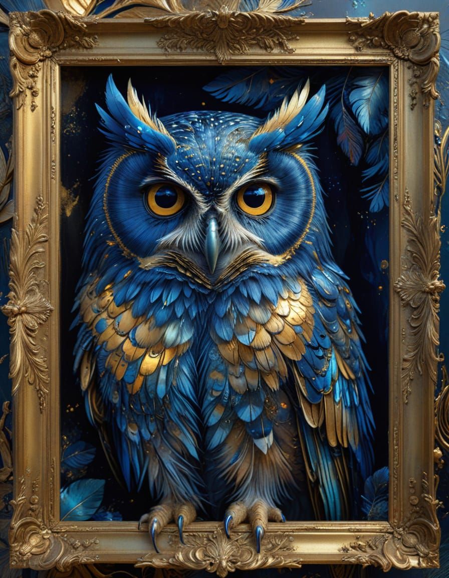 Regal Blue Owl in Gold Frame: Rococo Fantasy Art