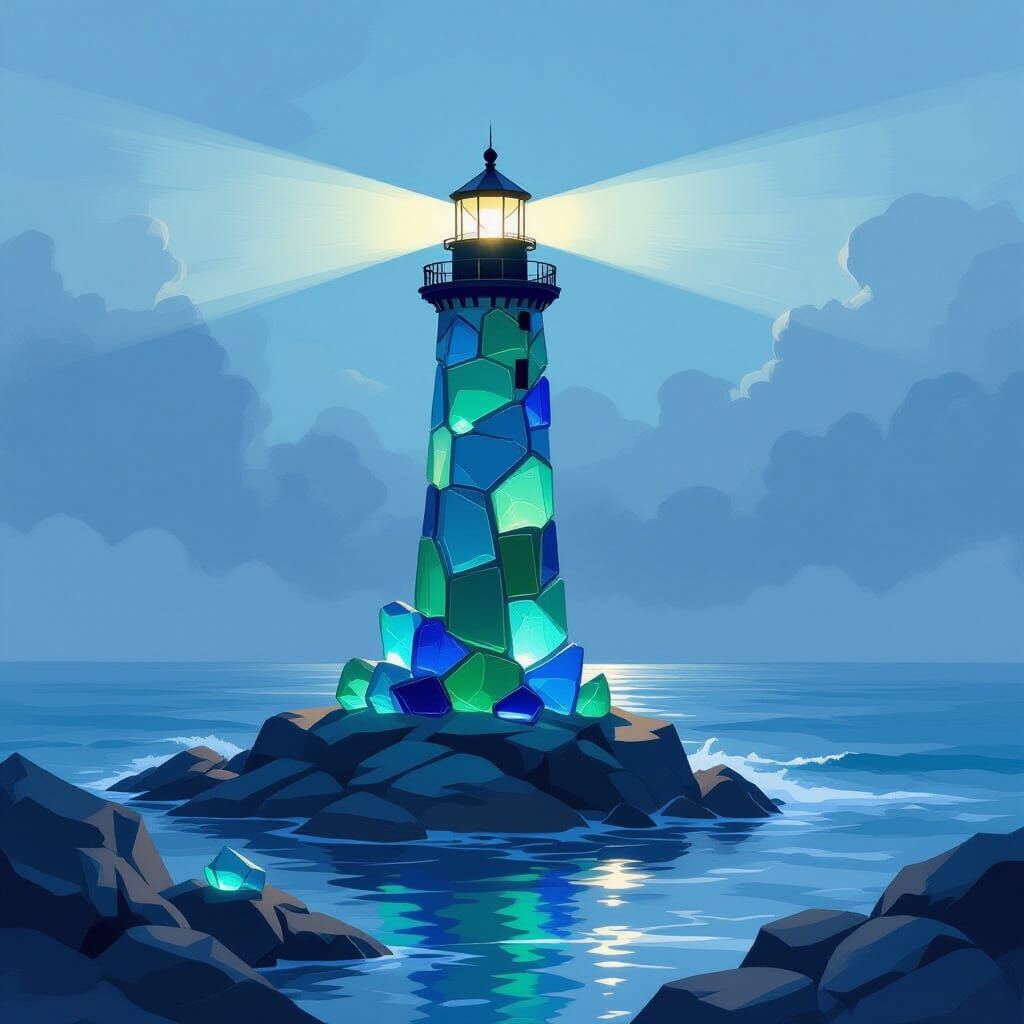 Sea Glass Lighthouse Guiding Through Misty Twilight