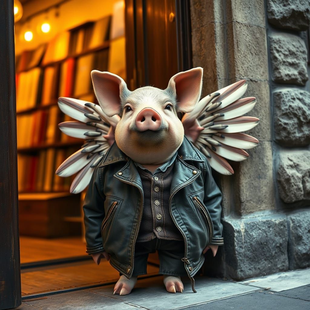 Pigasus: A Winged Pig Outside a Bookstore