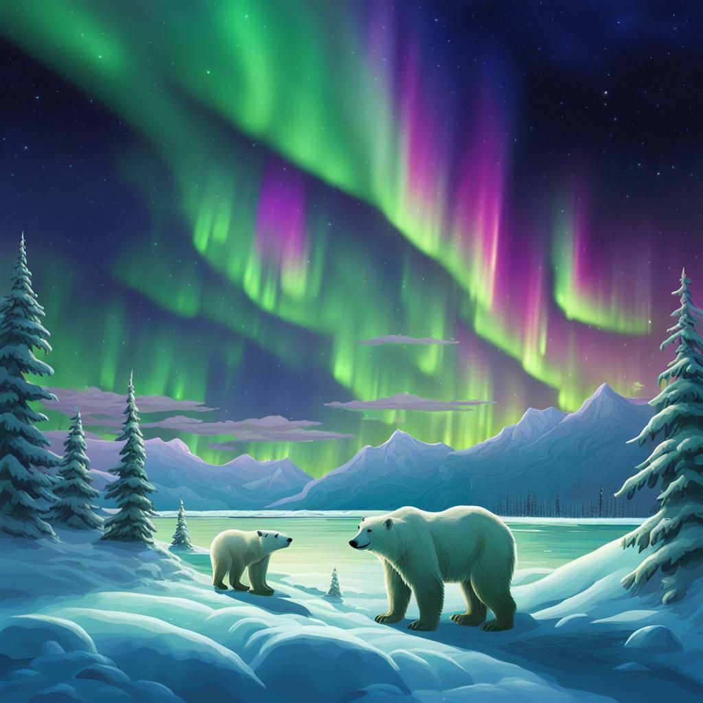 Polar Bear Family Watches Northern Lights