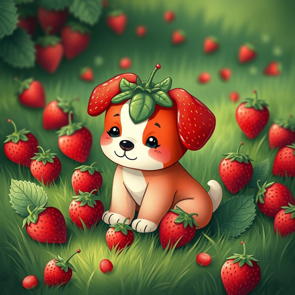 Vibrant Strawberry Puppy in Whimsical Anime-Inspired Landsca...