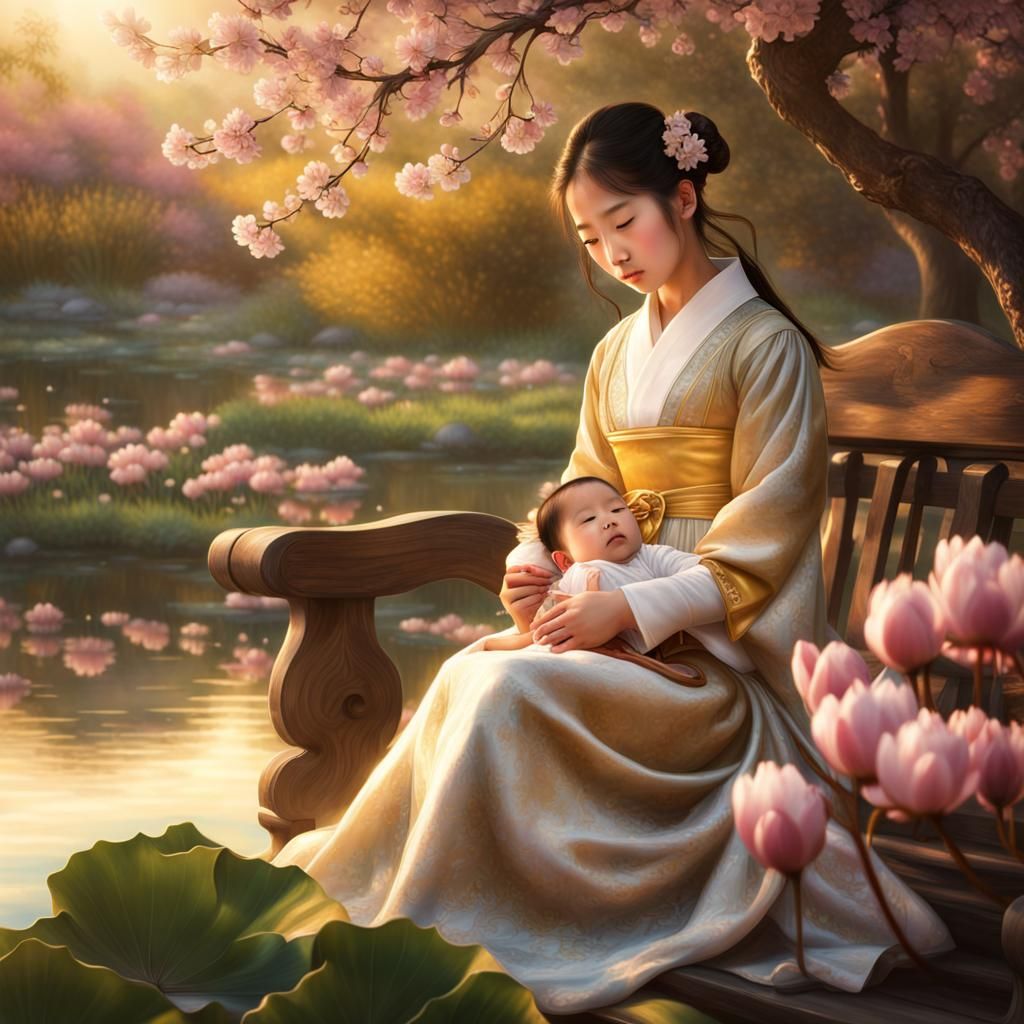 Korean Woman with Baby by Lotus Pond