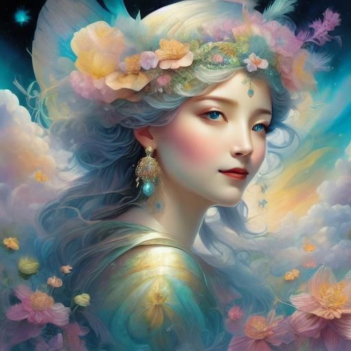 Summer Goddess with Abstract Cloud Background