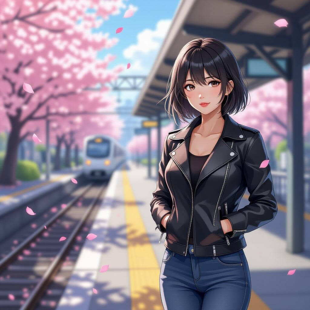 Asian Woman on Train Platform in Falling Cherry Blossoms