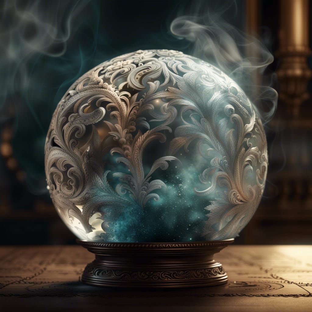 Ornate Glass Sphere Surrounded by Smoke in CGI