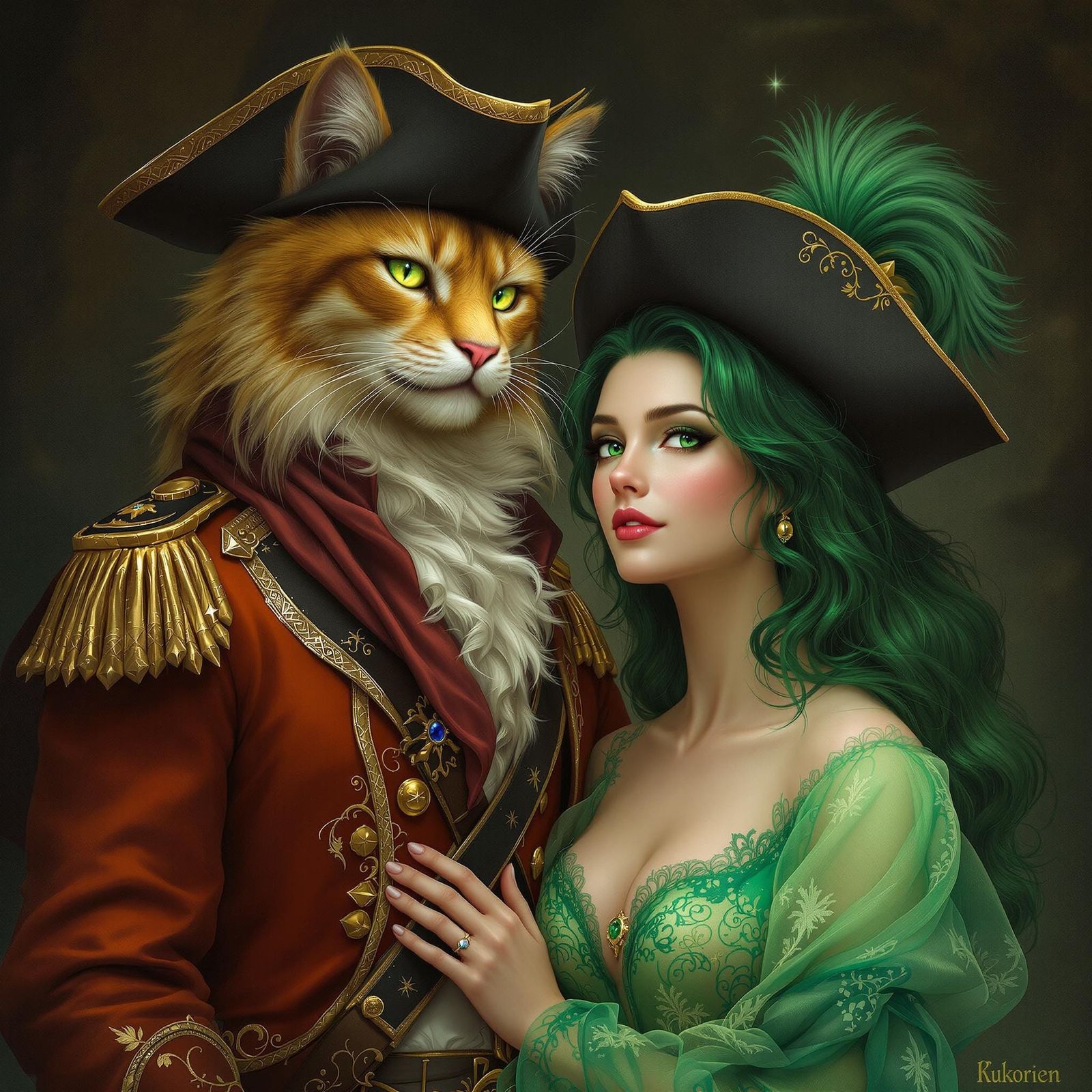 Regal Feline Captain and Enchanting Witch in Whimsical Fanta...