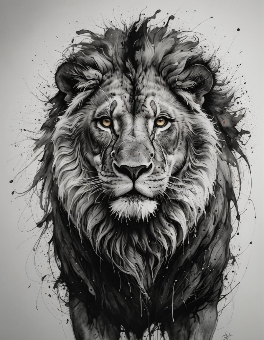 Lion Heart Ink Painting in WLOP Style