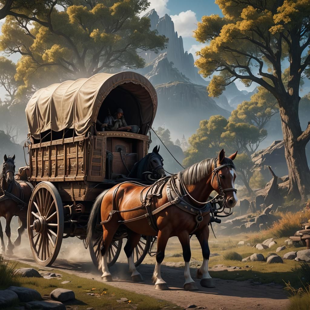 Fantastical Horse-Drawn Covered Wagon in Detailed Matte Pain...