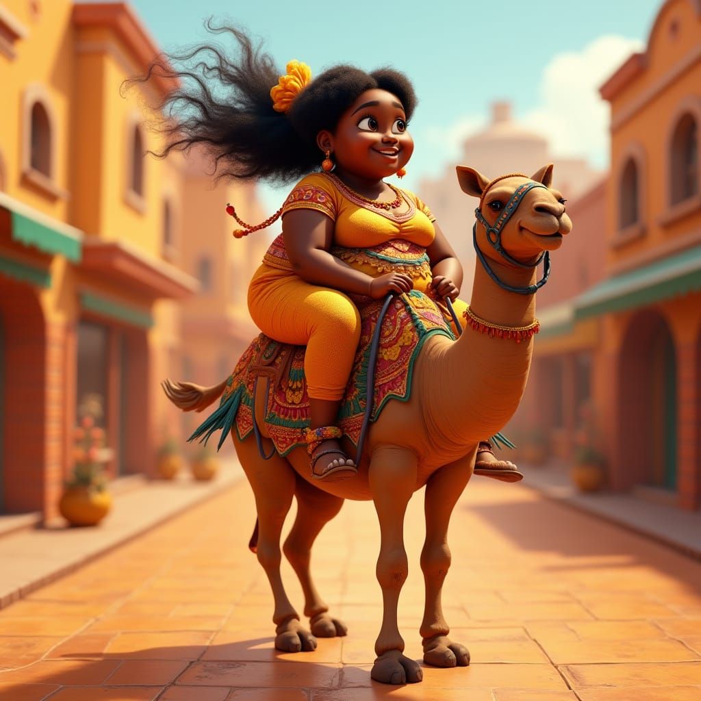 Vibrant Portrait of a Happy Black Teen Riding a Camel in a D...