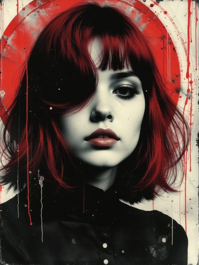 Gothic Woman with Red Hair in Neon Grunge Style