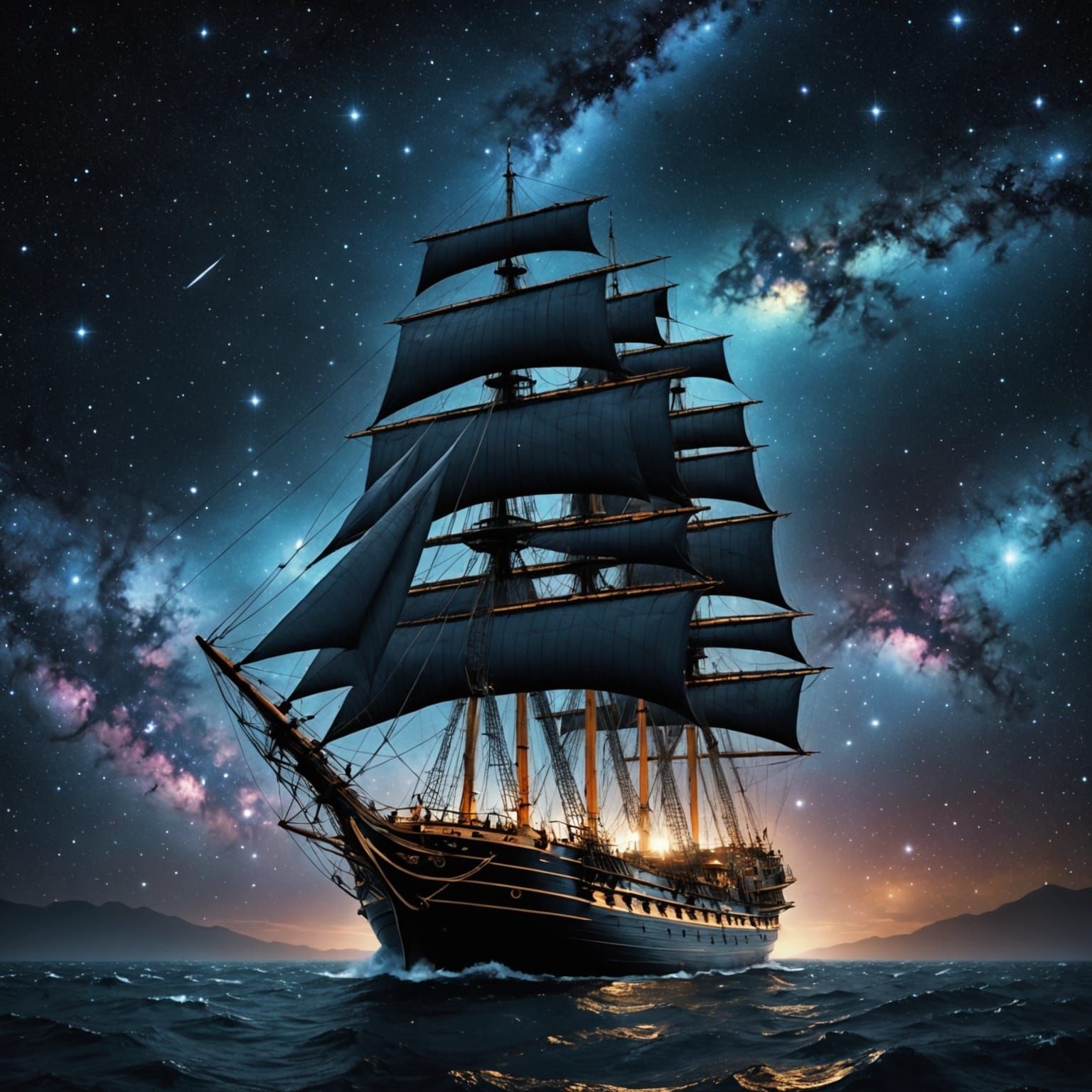 Majestic Clipper Ship Glows in Cosmic Space