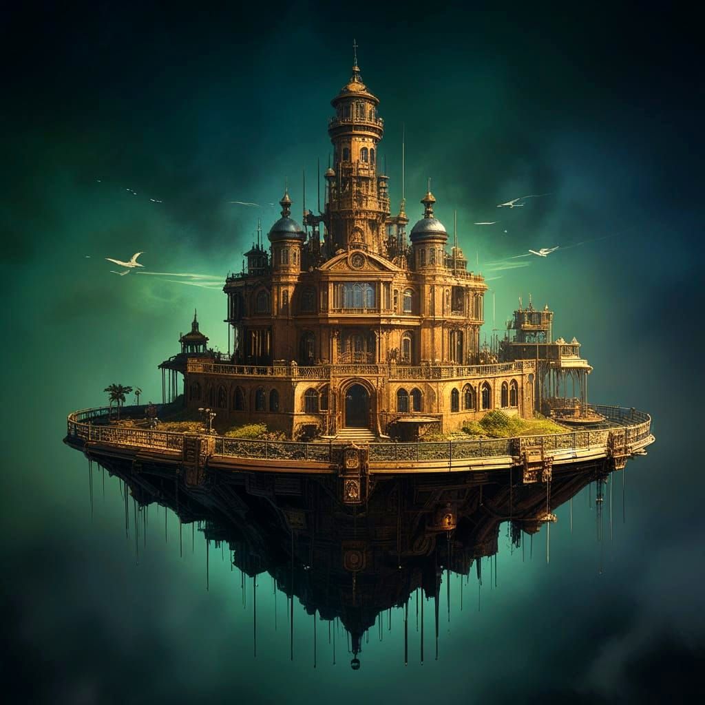 Surreal Steampunk Floating Isle in Gothic Splendor