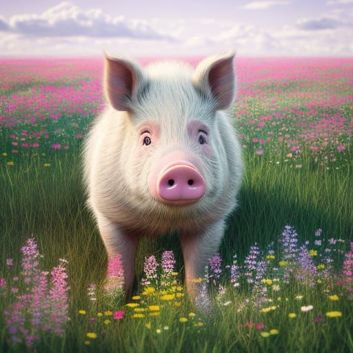 Gingham Print Pig in Whimsical Wildflower Field
