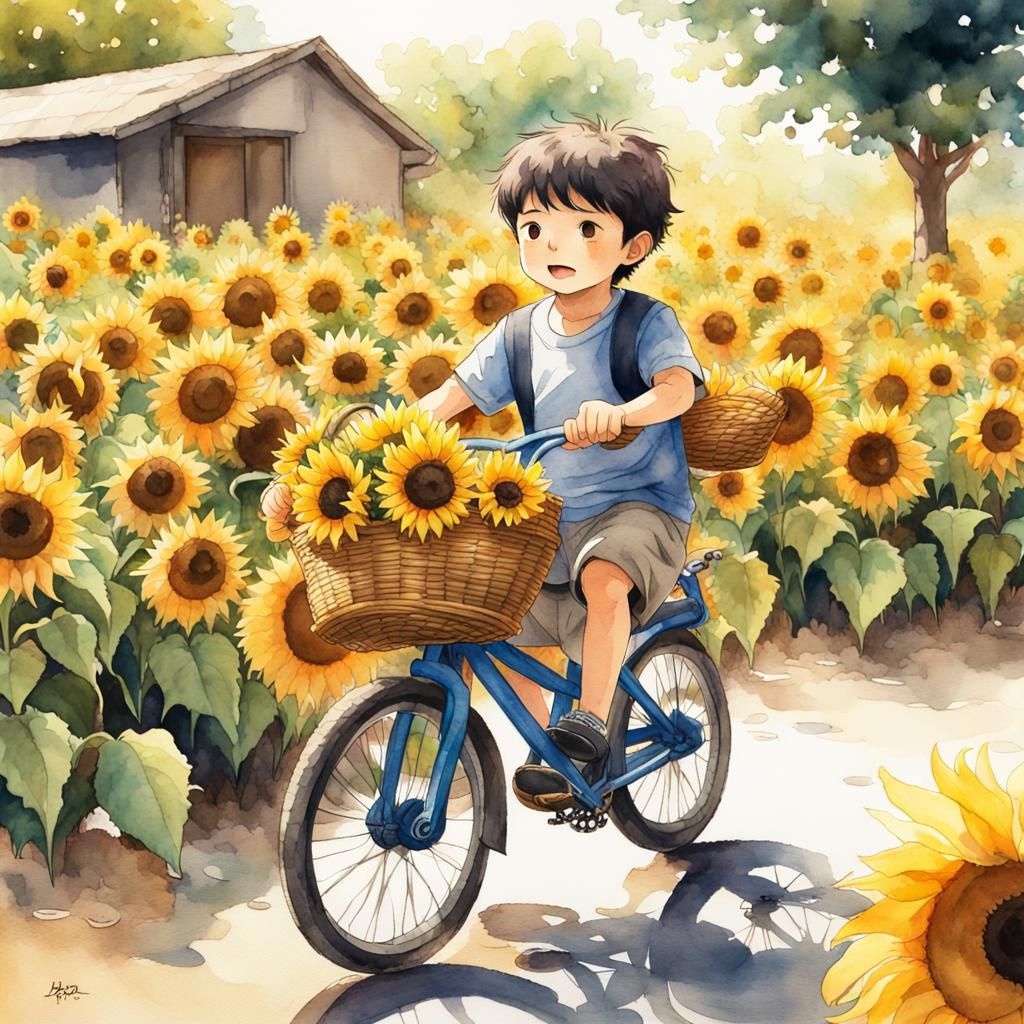 Boy on Sunflower Bicycle in Anime Style