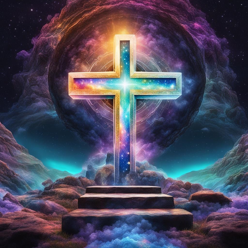 Empty Tomb Inside Cross in Astral Holographic Style